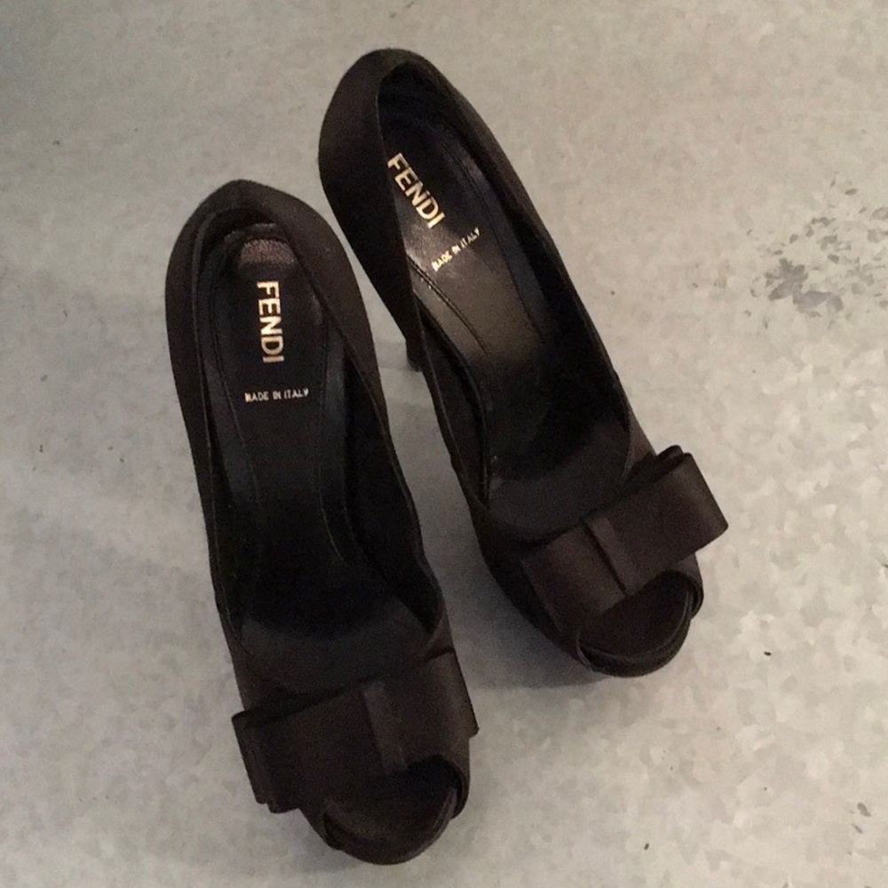 HOT FENDI black suede bow 4 1/2” heels. Size 38.5